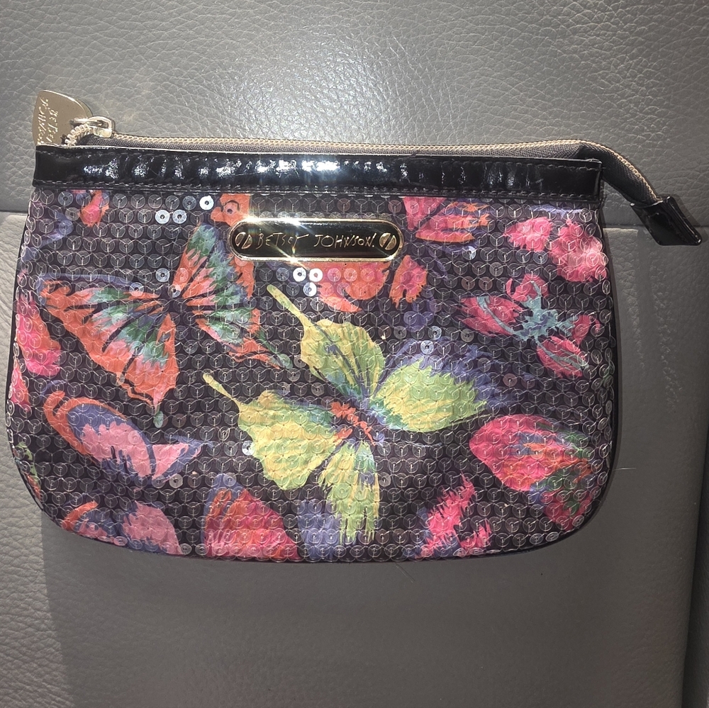 Betsy Johnson Vibrant Butterfly Sequinced Cosmetic Bag, Preowned/signs Of Use.